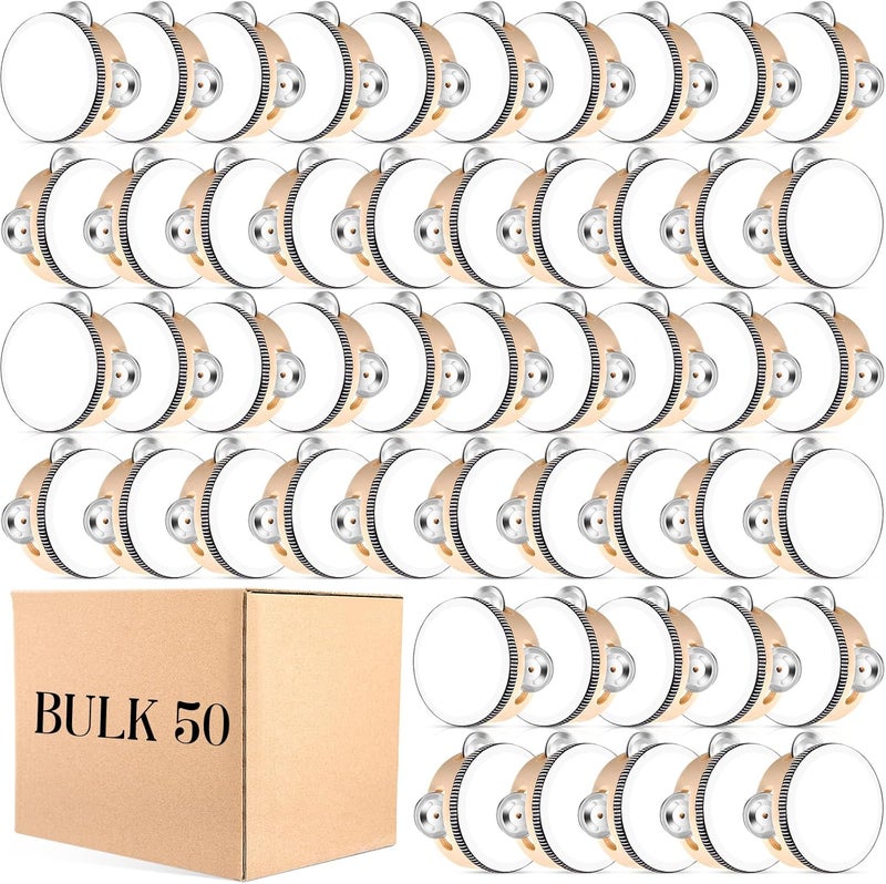 Lukmaa 50 Pcs 4 Inch Wedding Tambourine Bulk Drum for Adults Hand Held Percussion Gift Wood Metal Jingles Musical Educational Drum Instrument for Church Wedding Party Favor - Image 1